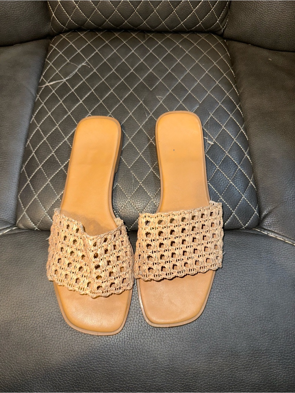 Woven Slide Sandals in Tan - Women's Casual Slip-Ons